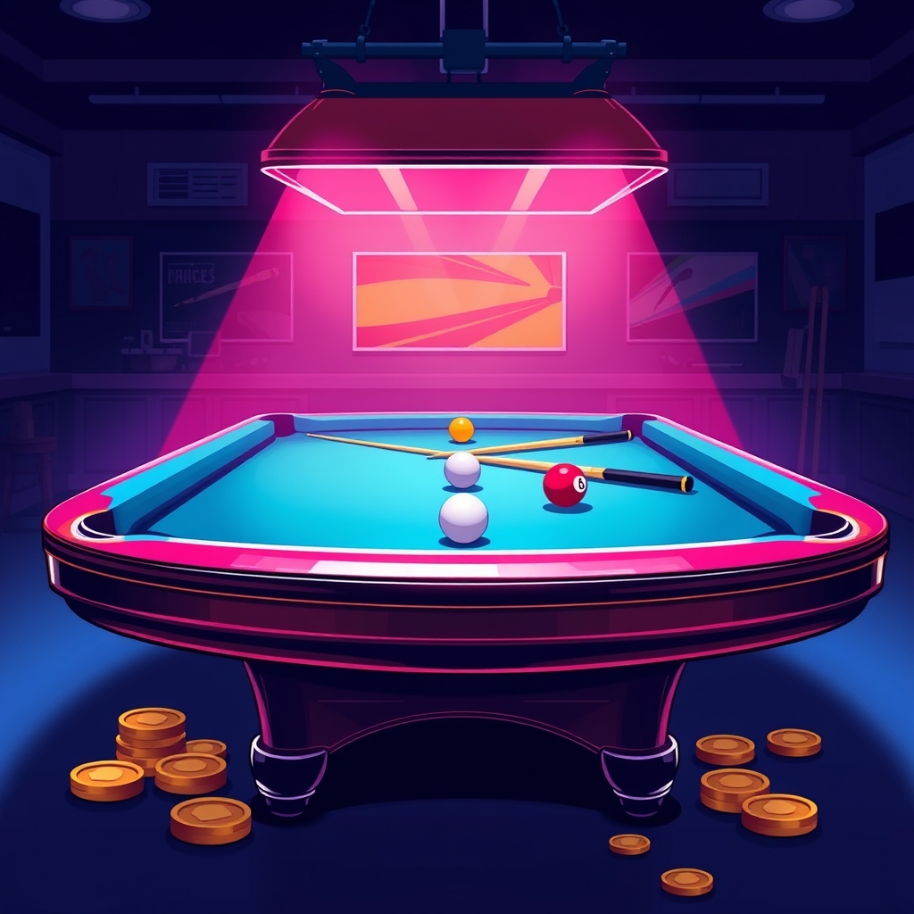 Customizable cues and coins around a pool table