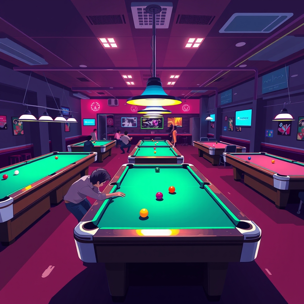 A busy pool hall with several tables in play