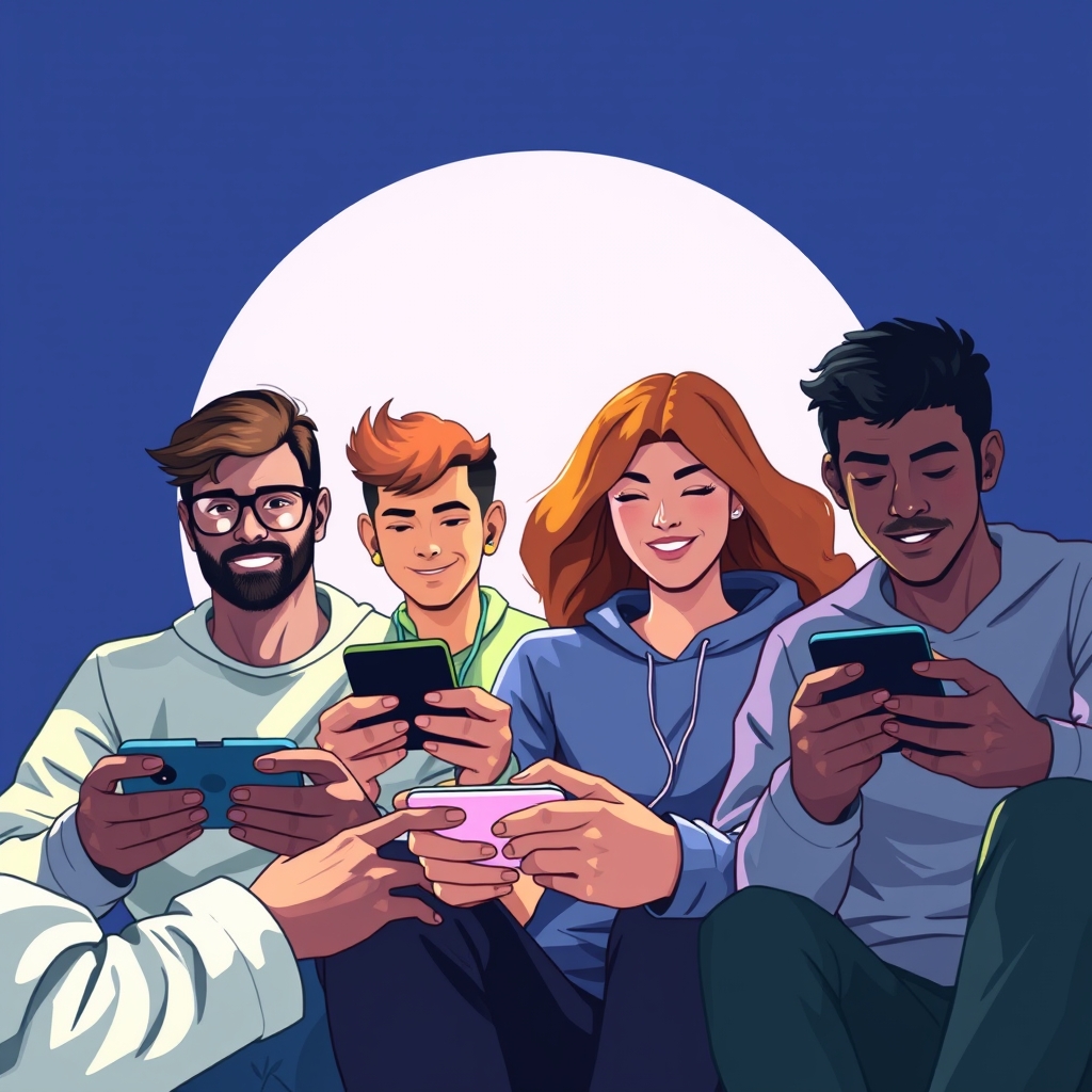 A diverse group of everyday people playing on phones