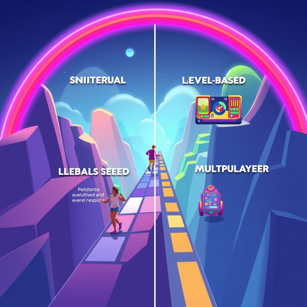 A split diagram of endless, level-based, and multiplayer runner segments