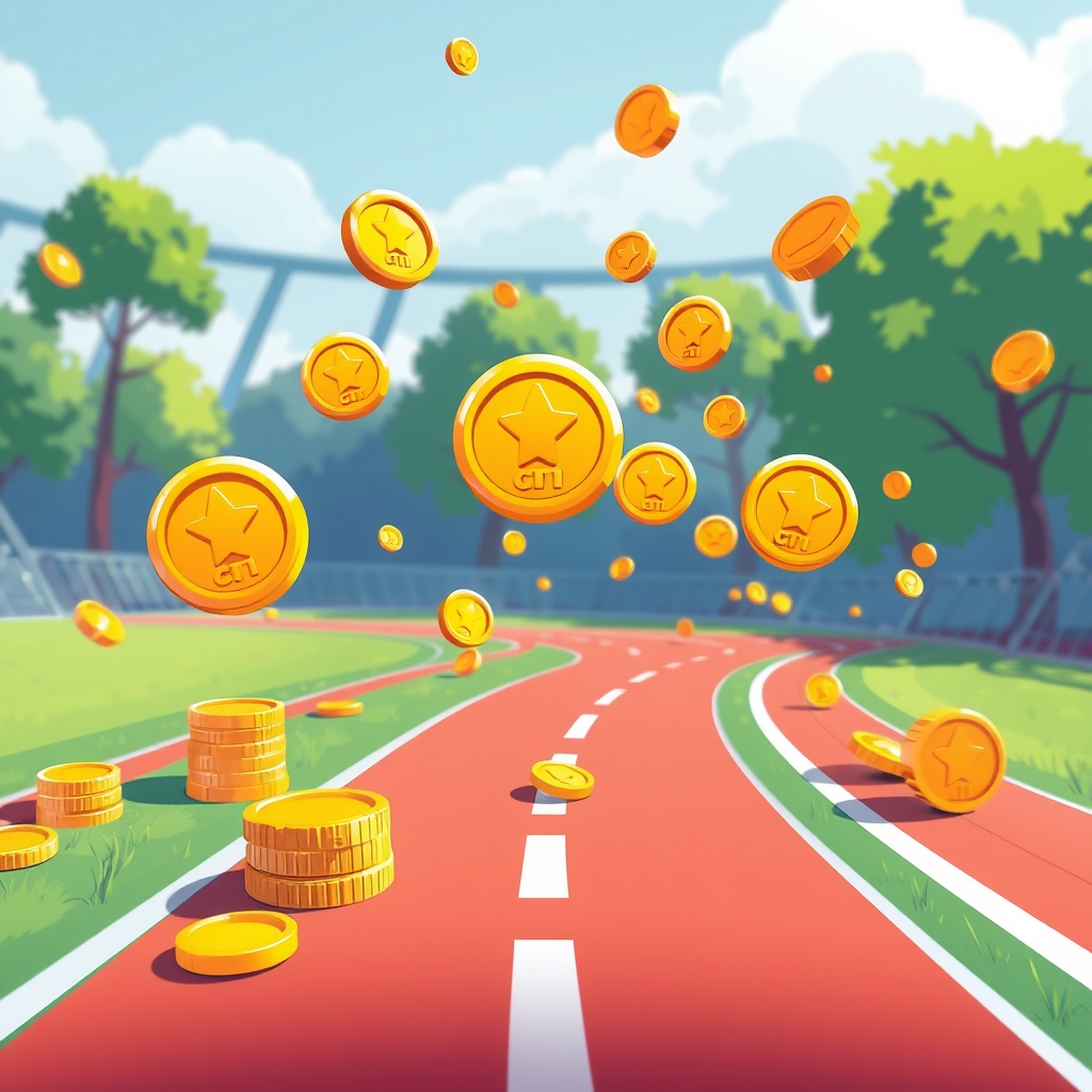 Coins and reward-ad icons streaming from a runner track