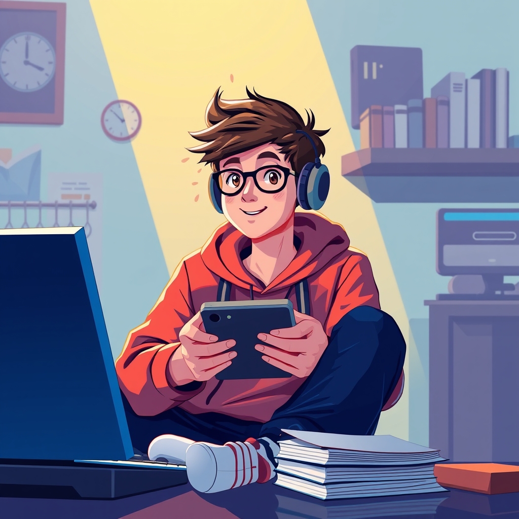 A teenager balancing study time and game time