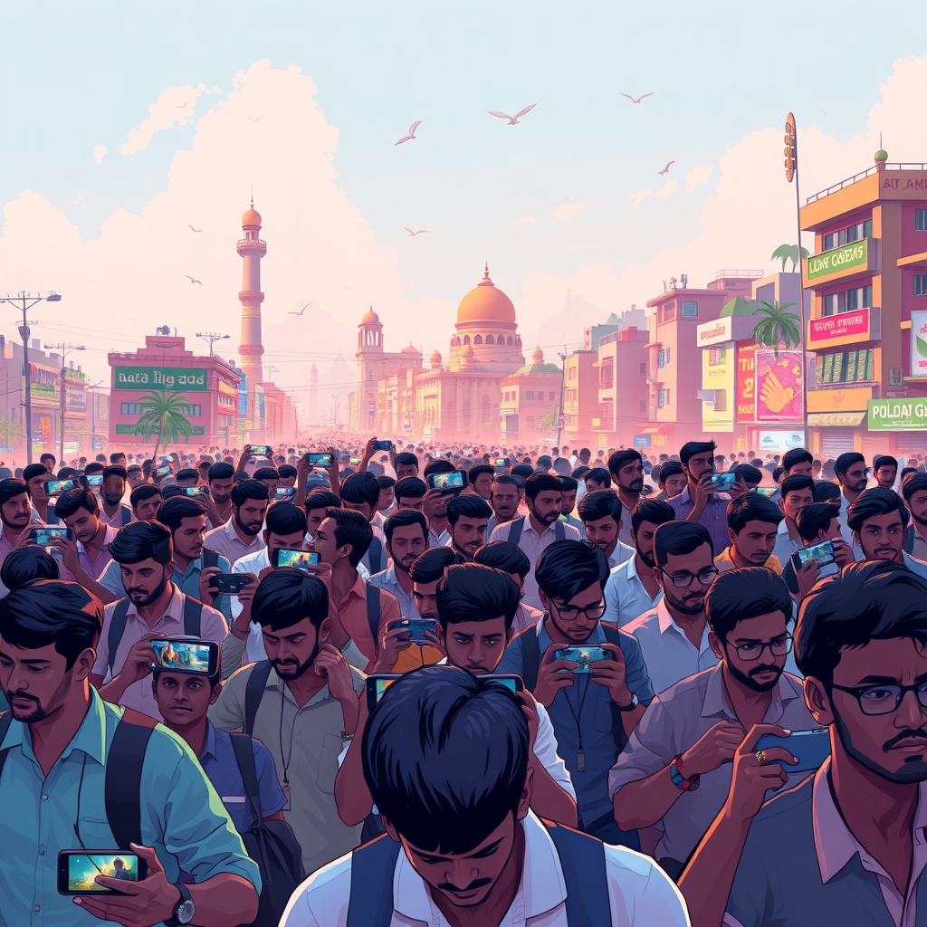 A crowd of mobile gamers across an Indian cityscape