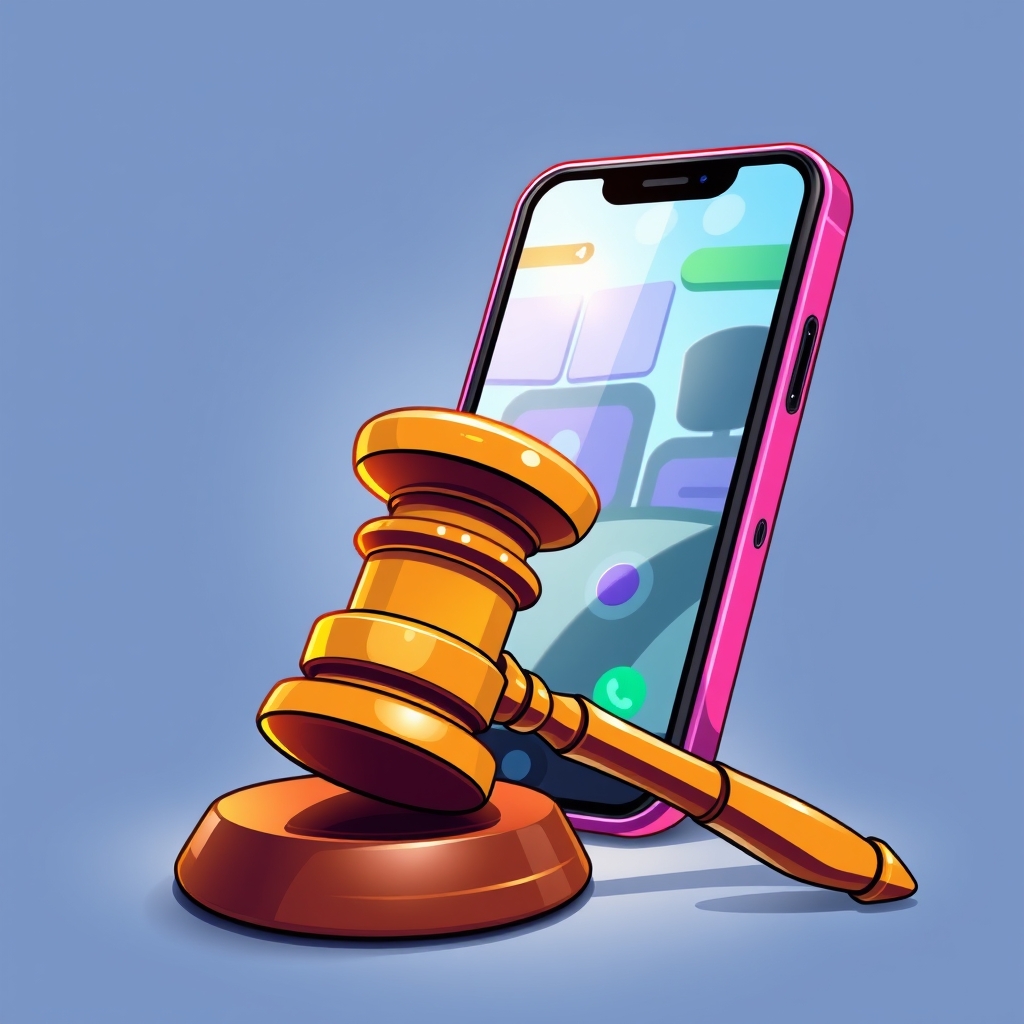 A gavel beside a smartphone with a blocked game screen