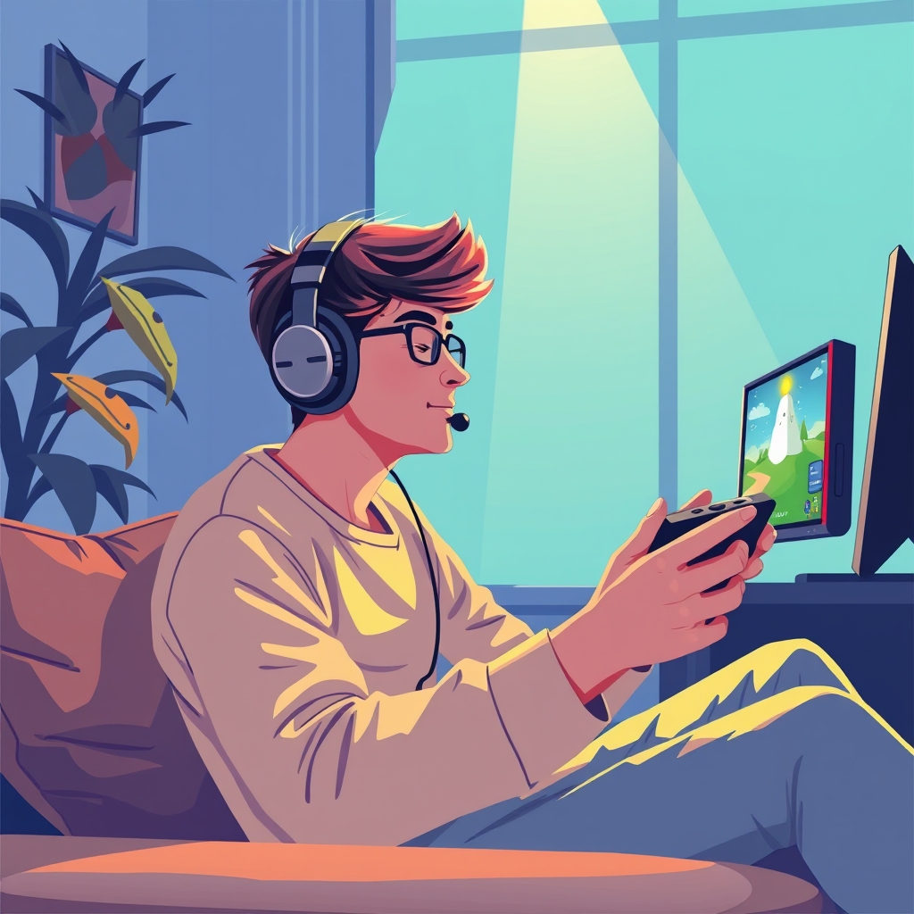 A person visibly relaxing while playing a calm game