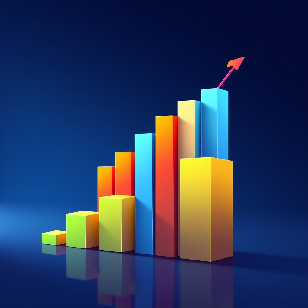 A rising bar chart made of colorful arcade blocks