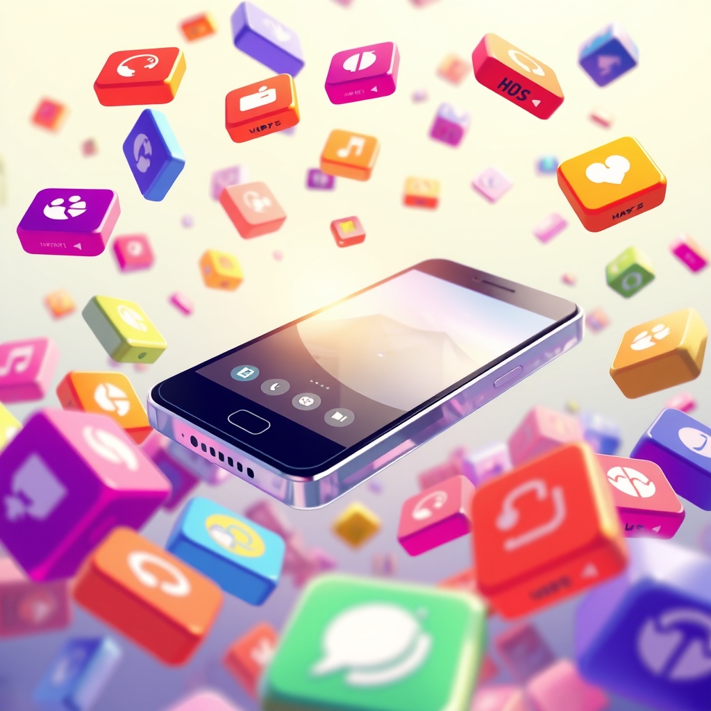 A phone surrounded by falling app-install icons
