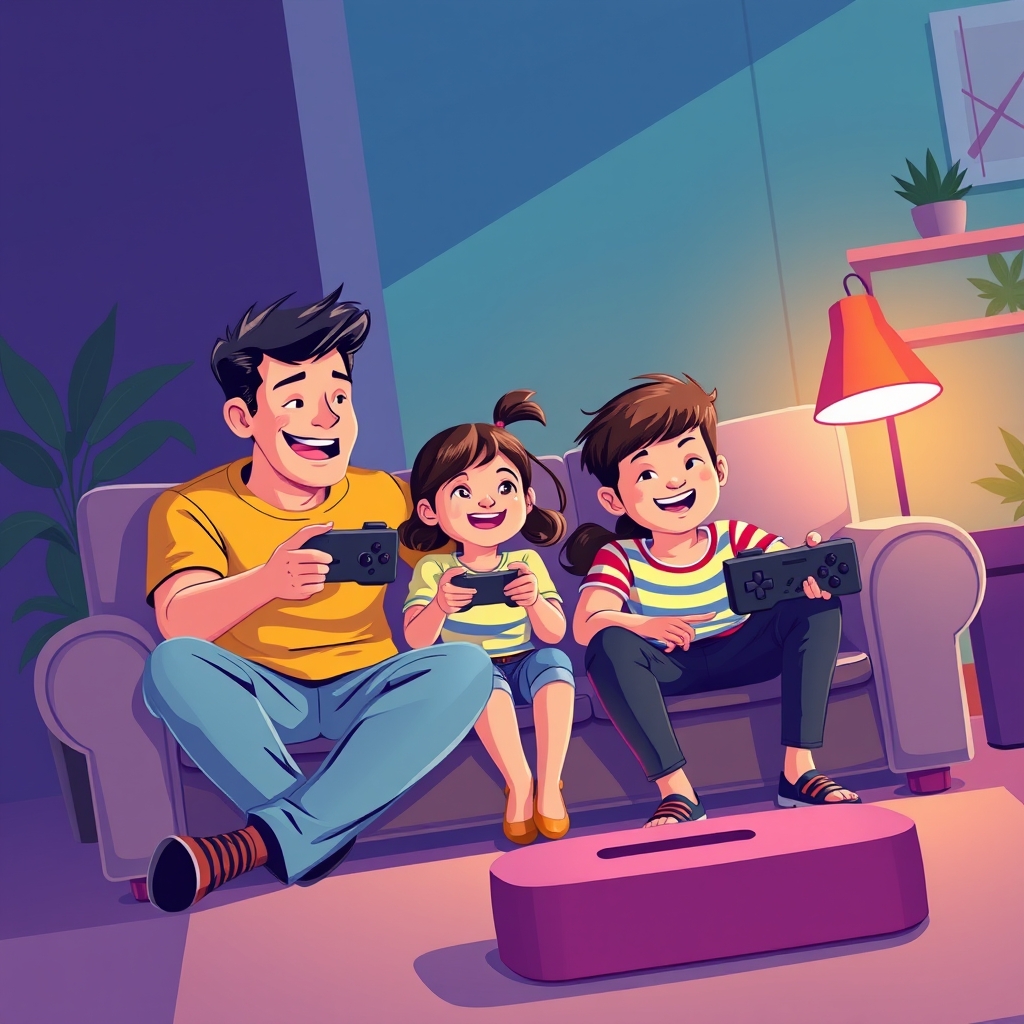 A family playing a game together on the couch