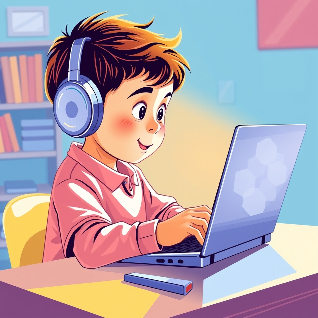 A child playing a quick browser game on a school laptop