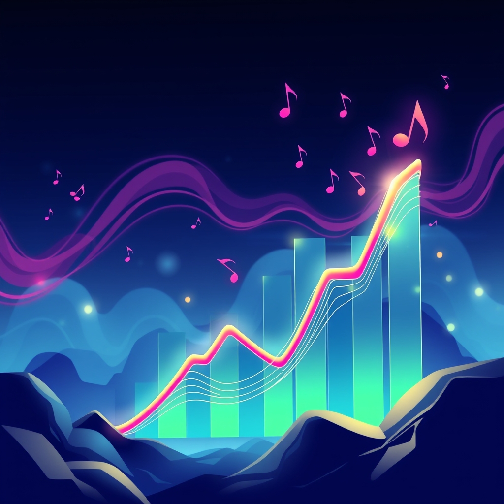A rising market chart with musical notes