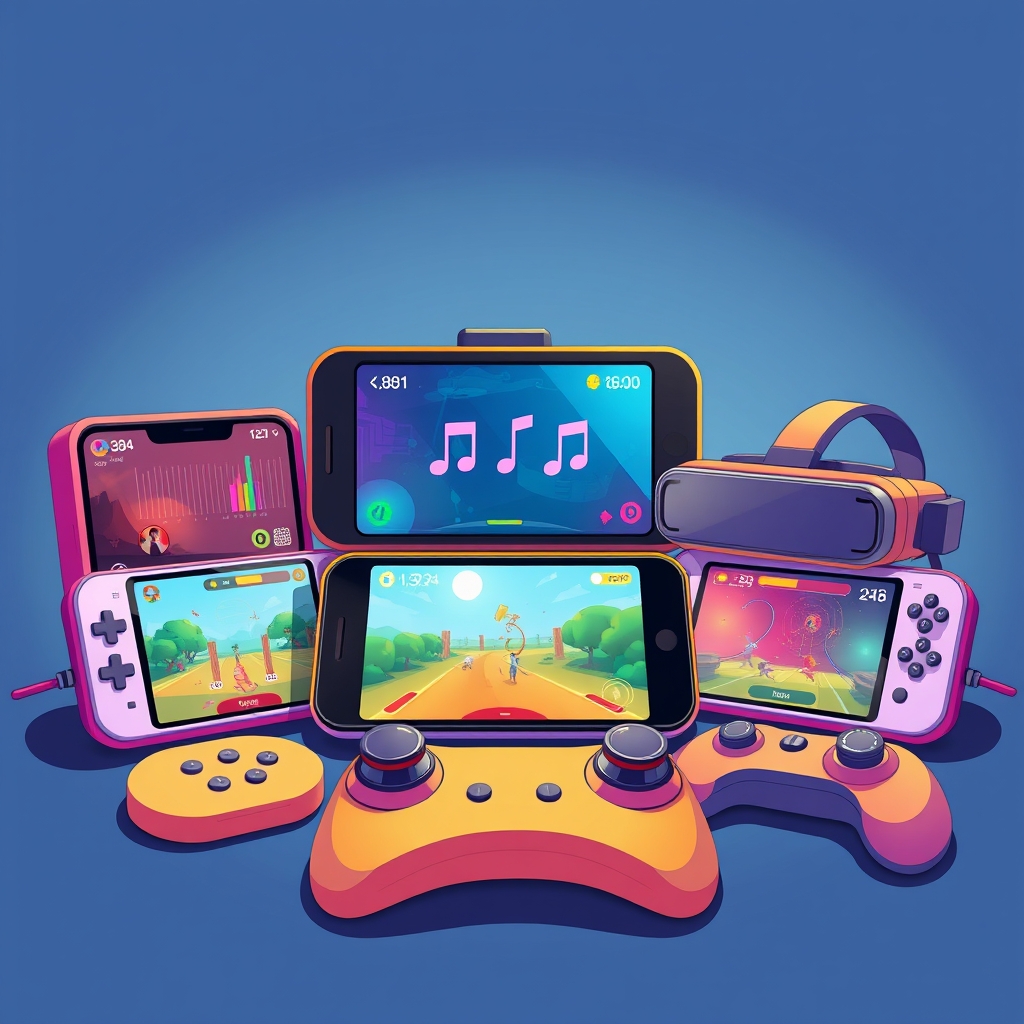 Devices showing rhythm games from phone to VR