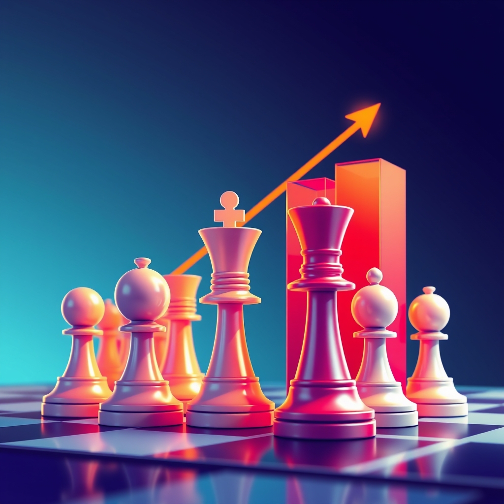 Chess pieces beside rising revenue bars