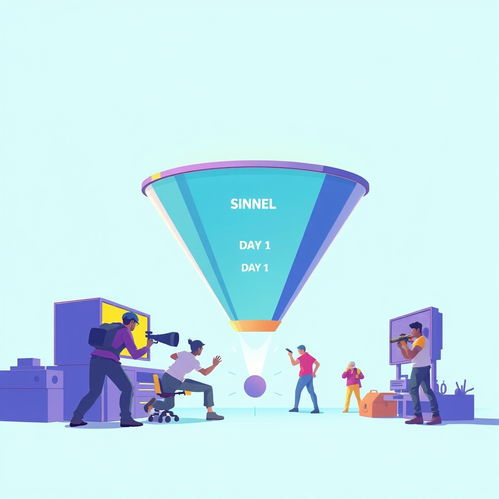 A funnel showing player drop-off from install to day 1