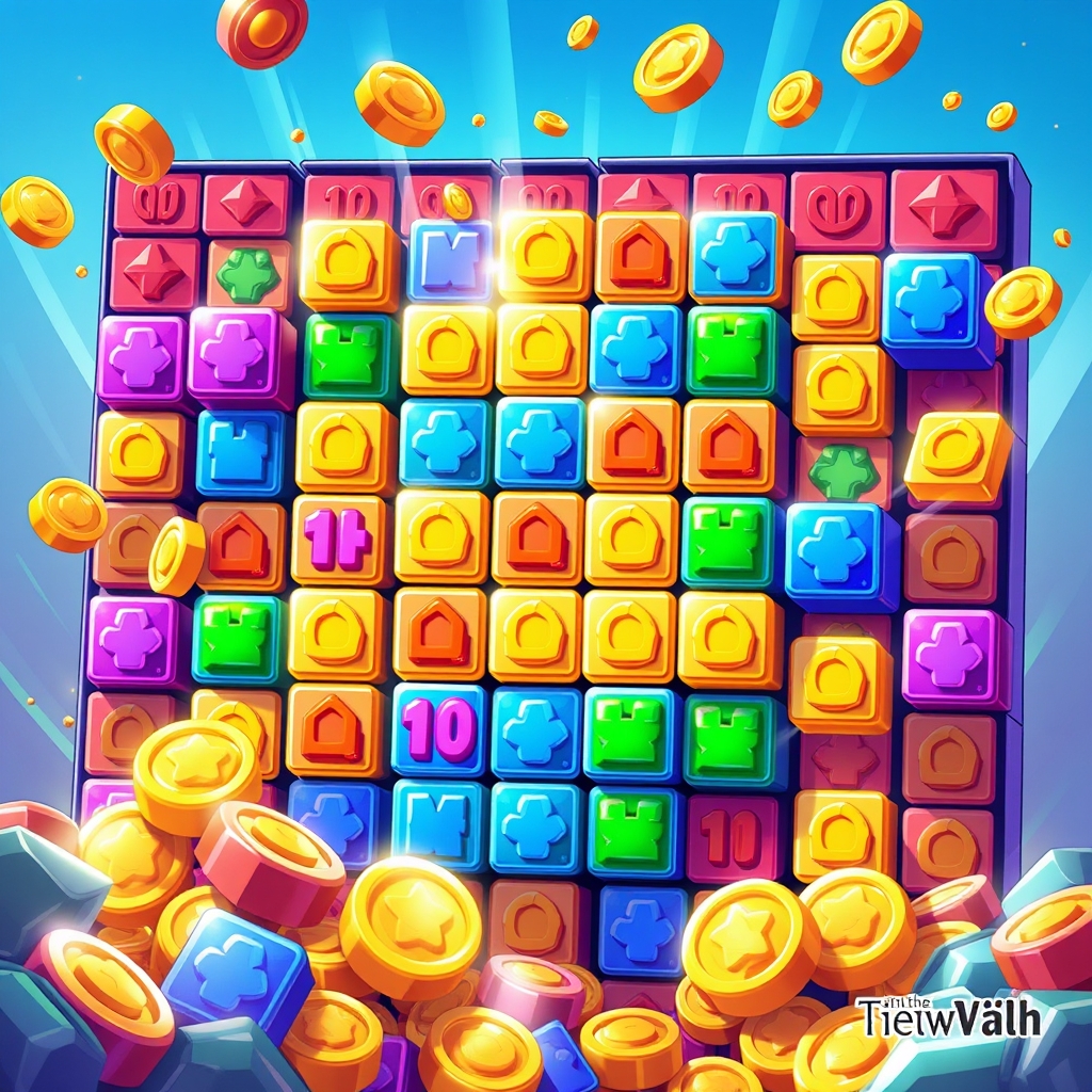 Match-3 tiles cascading with coin and booster icons
