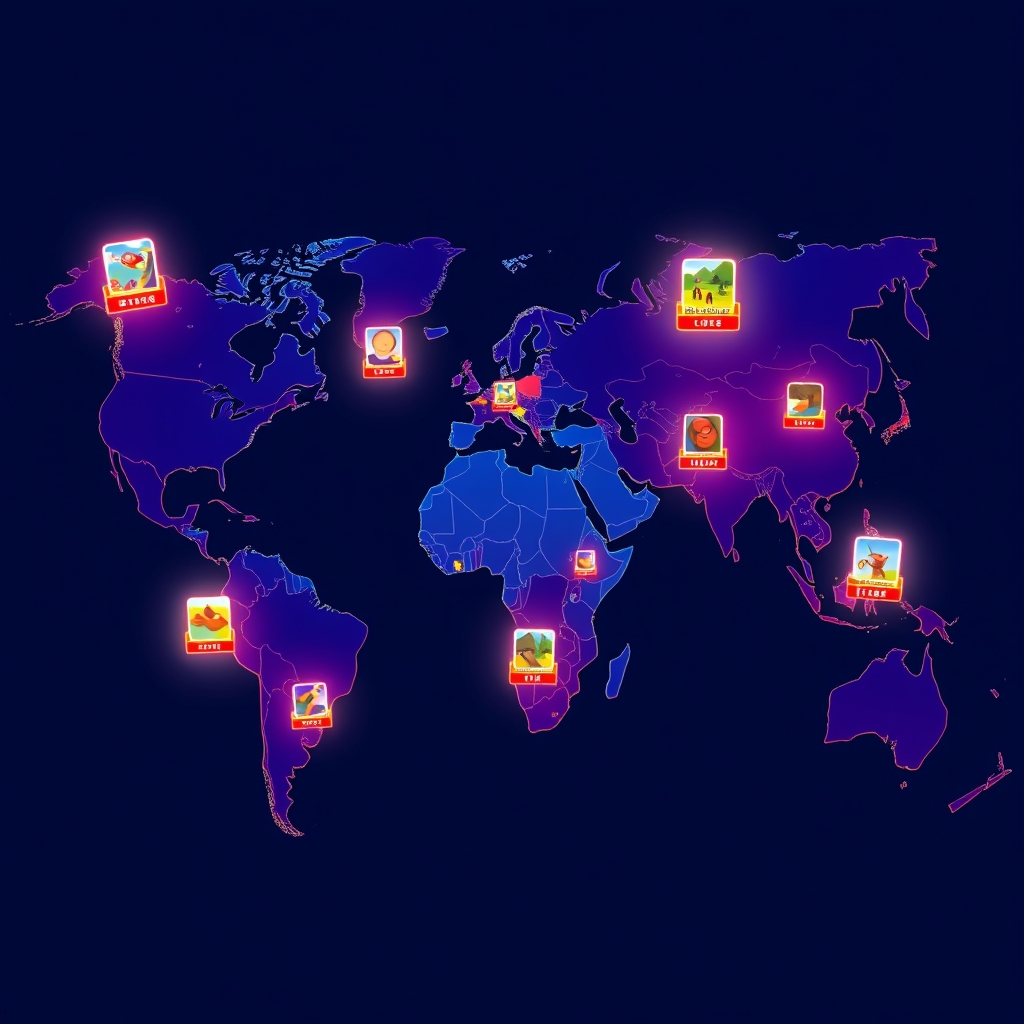 A world map lit up with puzzle-game download hotspots