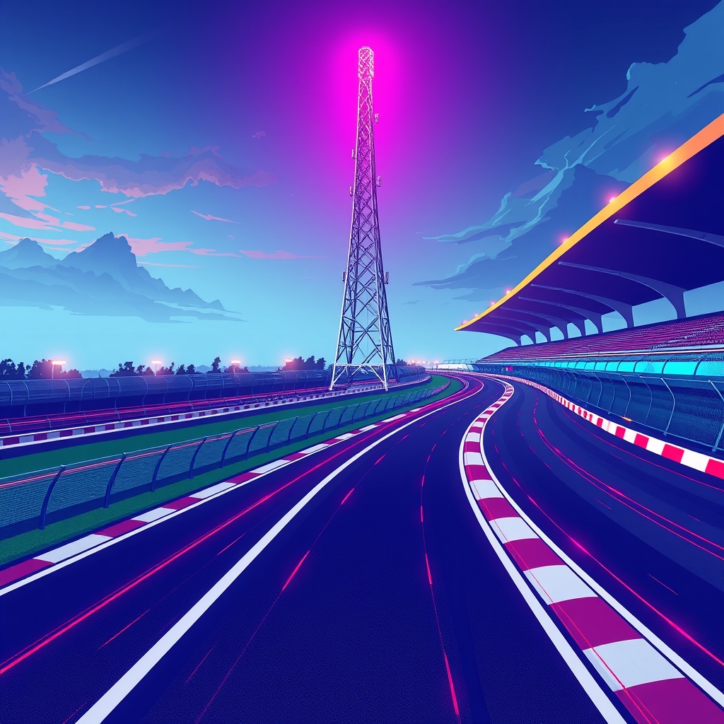 A 5G tower beside a racing track with data lines