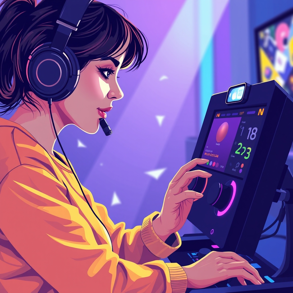 A woman playing a music game with headphones